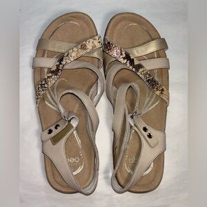 Abeo Women's Leather Beige and Gold Metallic Snakeskin Strappy Comfort Sandals